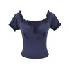 Camiseta Cuadrada de Manga Corta Abullonada Dulce y Picante Estilo Francés para Mujer, Verano, Borde Fruncido, Sexy, Ajustada, Top Corto Único