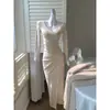 Vestido Largo Delgado Estilo Socialité con Cuello en V y Mangas Largas para Usar en Capas o Solo, Nuevo Vestido Largo de Primavera y Otoño para Mujer que Ceñe la Cintura