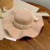 Sombrero de Paja con Borde Ondulado de Encaje y Lazo de Perlas para Mujer, Sombrero de Sol de Verano para la Costa, Sombrero de Sol de Ala Ancha, Venta al por Mayor