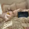 Juego de ropa de cama de cuatro piezas de algodón lavado con volantes florales estilo francés, juego de sábana bajera y funda de edredón de gasa de doble capa estilo princesa