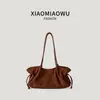 Bolso tote de ante plisado con cordón estilo retro, bolso de mano casual de alta gama para el trabajo, bolso de hombro para mujer de gran capacidad