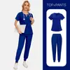 Traje de Cirugía para Mujer Uniforme de Enfermería para Hogar de Ancianos Salón de Belleza Clínica Dental Manga Corta Pantalón Largo Uniforme de Enfermera con Bordado