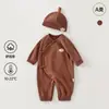 Roupas de Algodão Macio para Bebê Estilo Coreano Recém-nascido Primavera e Outono Macacão Borboleta Escovado Macacão Classe A para Recém-nascido + Chapéu