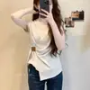 Camiseta irregular estilosa de manga curta com decote V para tamanhos grandes, novo estilo de verão para mulheres plus size, acinturada, emagrecedora, top ultra-fada e deslumbrante para mulheres