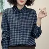 Camisa de Manga Larga con Diseño de Cuadros Retro para Mujer Estilo Nuevo Primavera y Otoño 2026 Cuello Campana Casual Versátil Top con Cuello Campana