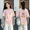 Nova Estilo Primavera e Outono 2026 Camiseta de Algodão Puro Patchwork Manga Longa para Meninas Estilo Coreano Gola Redonda Camiseta Básica Top Fofo para Crianças Maiores