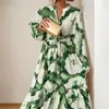 Vestido Largo Estampado con Mangas de Linterna, Cuello Alto, Plisado, Ceñido a la Cintura, Estilo Socialité Elegante, Ropa Femenina Transfronteriza Europea y Americana 2026
