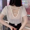 Camiseta de manga corta con diseño calado para mujer, moderna y elegante, de verano, adelgazante y combinable.