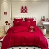 Conjunto de quatro peças para casamento, 100% algodão, vermelho vivo, para camas de noivos, incluindo lençóis e fronhas de edredom, alta qualidade, algodão puro, perfeito para o quarto de recém-casados