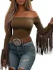 Amazon Transfronterizo Top de Mujer con Borlas Estilo Vaquero Occidental Hombros Descubiertos Manga Larga Retro Elástico Ajustado Camiseta Top