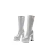 Botas Europeias e Americanas para Comércio Exterior Bico Fino Camada Dupla Impermeáveis Plataforma Salto Grosso Meio da Panturrilha Botas de Performance Show Moda Mangas Botas para Panturrilha Femininas