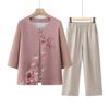 Novo Estilo Chinês Vestido de Mãe Estilo Nacional Botão Camisa Pequena Vestido de Verão Estilo Ocidental Costura Em Torno Do Pescoço Manga Curta T-Shirt Top para Mulheres de Meia-Idade