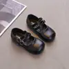 Sapatos de Couro Infantis para Meninas, Bico Quadrado, Tira com Fivela Dupla, Mary Janes, Estilo Escolar, Sapatos Individuais, Preto e Branco, Couro Macio, Sapatos de Corte Baixo