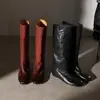 Botas de motocicleta de piel de vaca de primera capa para mujer, botas altas pulidas, nuevas de invierno, punta cuadrada, tacón oculto, botas altas hasta la rodilla, botas de pierna recta para mujer