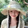 Sombrero de Sol de Paja con Cinta de Encaje Francés para Mujer, Estilo Verano para Viajes y Vacaciones, Sombrero de Ala Ancha con Protección Solar