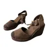Sapatos Femininos de Palha com Salto Anabela Estilo Verão 2026, Alpargatas Femininas de Camurça com Cadarço, Sapatos Femininos Retro para Aumentar a Altura, Atacado para Exportação
