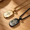 Collar de acero titanio con placa militar de cruz incrustada de diamantes, colgante para hombre con placa ovalada, accesorio de acero inoxidable estilo europeo y americano
