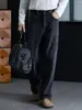 "Chique Despojado da Rua Principal" Jeans Masculino Lavado Grafite com Design Olho de Gato, Calça Longa Solta de Corte Reto Slim Fit