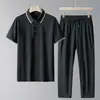 Conjunto de Verano Nuevo Estilo para Hombres de Mediana Edad y Mayores: Camisa Polo de Seda de Hielo, Pantalones Largos de Nylon con Seda de Hielo de Manga Corta, Pantalones de Pierna Recta, Conjunto de Ropa para Papá