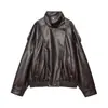Chaqueta corta de cuero PU de estilo europeo y americano con cuello alto, talla grande, para mujer, estilo callejero casual holgado, versátil estilo motero
