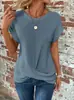 Camiseta de Manga Corta de Color Sólido con Cuello en U y Nudo Waffle Primavera Verano Holgada Casual Poliéster Algodón Transfronterizo Ropa de Mujer al por Mayor