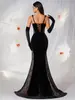 Vestido de noite de veludo preto com alça transfronteiriça para comércio exterior feminino, vestido longo de renda de luxo de alta qualidade para banquete, cerimônia de adultos