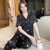 Pijama de Seda de Hielo de Alta Gama Negro para Mujer Verano Nuevo Mariposa Estampado Completo Manga Corta Ropa de Casa Conjunto de Dos Piezas Foto Real Venta al por Mayor