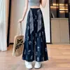 Calça Casual Cropped Reta Solta Estilo Étnico com Estampa de Seda Gelada Perna Larga para Mulheres 2026 Verão Novo Cintura Alta Emagrecimento