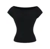 Camiseta básica lisa para mujer, color sólido, estilo básico, cuello barco, elegante, entallada en la cintura, adelgazante, sexy de manga corta, corte ajustado de algodón