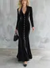 Site de Moda Independente Europeu e Americano 2026 Outono e Inverno Vestido Base Decote V Slim Fit Vestido Longo Cauda de Peixe Cor Sólida Manga Longa Elástico