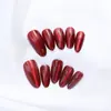 Unhas Vestíveis de Vidro Vermelho Olho de Gato Vintage, Manicure Finalizada Estilo Senhora Madura, Peças de Unha Destacáveis e Específicas para o Tamanho