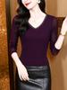 Camiseta de Malla con Cuello en V y Mangas Largas para Mujer 2025 Otoño Nuevo Estilo Camiseta Interior con Encaje Top Elegante de Clase