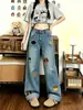 Jeans de Pierna Recta y Pierna Ancha para Mujer Chao Li Youhuo Otoño Diseño de Dibujos Animados Holgados Adelgazantes con Bordado de Cachorro