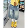 Shorts Jeans Americano Cruzado com Estampa de Estrelas, Perna Reta, Cropped, Novo Verão, Cintura Alta, Soltos, Perna Larga, Tendência