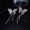 Brincos de argola com agulha de prata 925 e borla longa, design de laço de alta qualidade, brincos com incrustação de diamante, brincos de corrente, brincos para mulheres