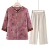 Novo Estilo de Verão para Mães de Meia-Idade e Idosas, Camisa Chinesa de Sete Mangas, Conjunto Elegante de Duas Peças, Conjunto Floral Soltinho para Senhoras Idosas