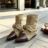 Botines de tobillo puntiagudos con lazo retro para mujer, nueva colección de otoño 2026, diseño patchwork, suela plana, efecto adelgazante, botines individuales estilo western
