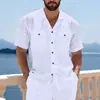 Nueva Camisa de Lino de Manga Larga para Hombre, Camisa Casual de Playa de Corteholgado con Cuello, Camisa de Manga Larga de Color Sólido