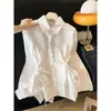 Camisa Blanca de Manga Larga con Cuello Polo Irregular para Mujer, Diseño Otoñal con Cinturón en la Cintura, Estilo Coreano, Elegante Top de una Pieza