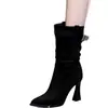 Botas Slouch de Salto Alto Chunky Elegantes Marrons Estilo Europeu e Americano para Mulheres, Novo Modelo Outono e Inverno para Combinar com Casacos, Botas de Camurça Stretch de Salto Alto Bico Fino