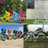 Escultura de Bicicleta Deportiva de Acero Inoxidable Parque Cuadrado Exterior Jinete Competitivo Creativo Adornos de Escultura de Acero Inoxidable