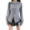[Chifón Elástico en Cuatro Direcciones] Camisa Rayada Azul de Diseño Estilo Coreano Nuevo Aspecto Adelgazante de Cintura Top Sexy de Manga Larga