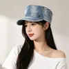 Gorra Plana de Mezclilla Vintage Desgastada y Rota para Mujer, Borde Deshilachado, Gorra Militar de Trabajo Lavada, Estilo Japonés, Gorra de Boina Newsboy de Ala Corta para Adelgazar el Rostro