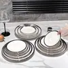Plato de Cena Occidental de Cerámica con Borde Plateado, Plato Redondo, Plato para el Hogar, Plato para Filete, Plato para Pasta, Plato Bajo, Plato Plano, Vajilla de Lujo Accesible de Gama Alta