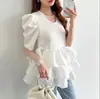 Top de Punto Patchwork Estilo Japonés con Volantes de Satén, Manga Corta Abullonada, Cuello Redondo, Camisa de Capas Adelgazante