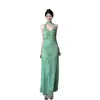 Vestido de lunares estilo francés con cuello halter para mujer, Vestido verde elegante de verano, Vestido bodycon que ciñe la cintura, Vestido largo de vacaciones