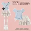 Novedades de verano para niños mayores 2026: Conjunto de dos piezas de top estilo coreano con falda de pastel en capas, falda corta dulce, moderno