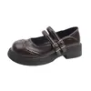 Zapatos Mary Jane de cuero con puntera redonda y brogue para mujer, nuevos 2026 estilo británico vintage primavera/verano zapatos de suela gruesa poco profundos de un solo color