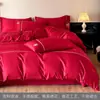Juego de Jacquard de Cuatro Piezas para Recién Casados Rojo Boda Doble Felicidad Bordado Jacquard Funda de Edredón Ropa de Cama para Habitación de Boda Ropa de Cama y Sábanas Ajustables