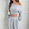 Traje Casual Transfronterizo Europeo y Americano 2025 Sudadera de Color Puro Cuello Barco Hombro Descubierto Holgado Tejido Traje Corto de Manga Larga